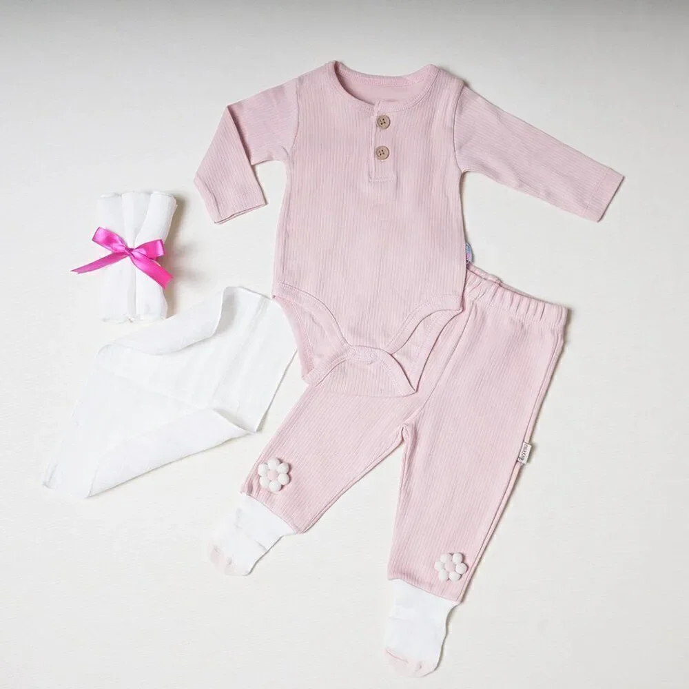 100% Cotton Baby Bodysuit & Pants Set Organic Cotton Pink Wooden Buttons